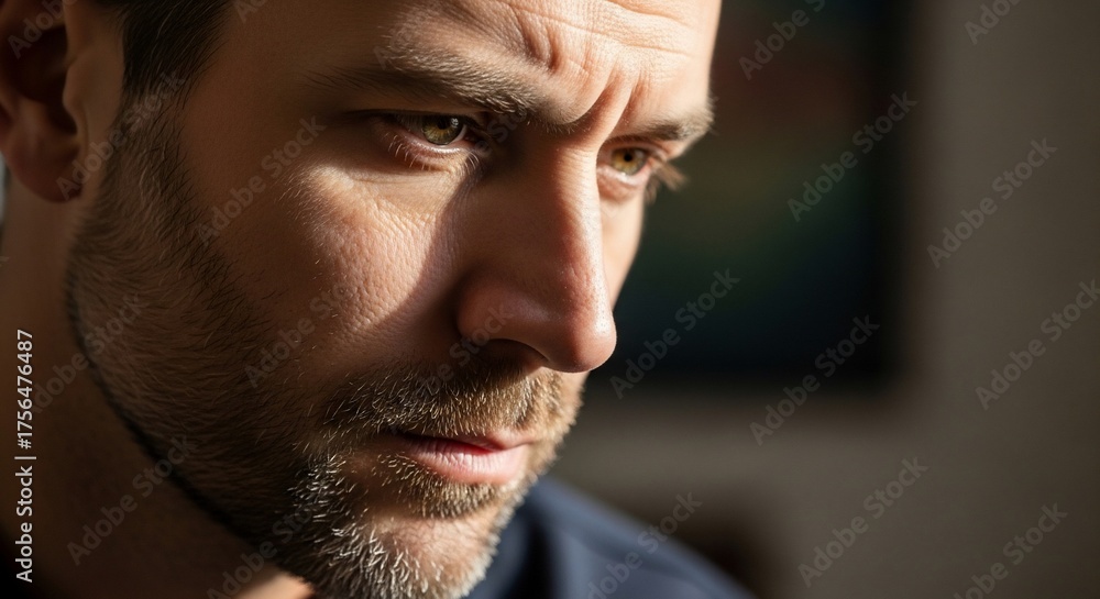 Fototapeta premium Introspective Reflection: A man with a contemplative gaze, bathed in soft lighting, portraying a moment of deep thought and introspection.