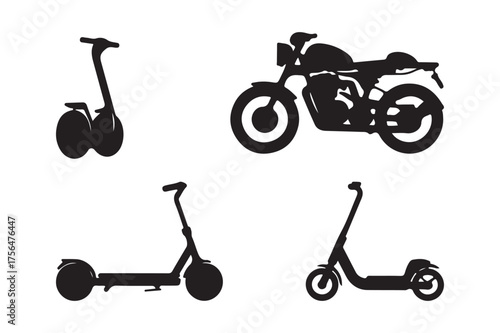 Silhouettes of a motorcycle and electric scooters on a white background