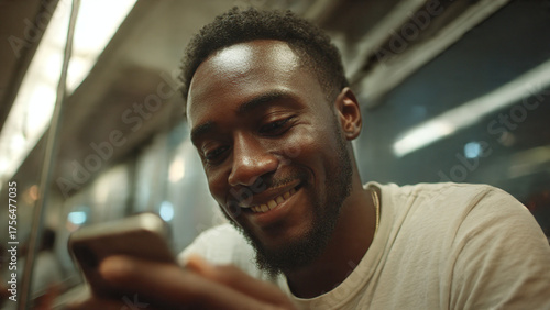 Wallpaper Mural A young man rides the train, engrossed in his mobile phone, with a smile, a snapshot of modern life on the move. Torontodigital.ca