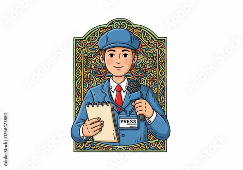 Young reporter with press pass and notepad ready to cover news.