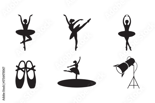 Ballet dancers and accessories silhouettes on white background