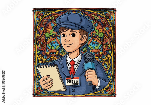 Young Reporter Holding Microphone and Notebook.