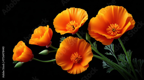 Cluster of vibrant orange poppy flowers in various stages of bloom with green stems and leaves against black background
