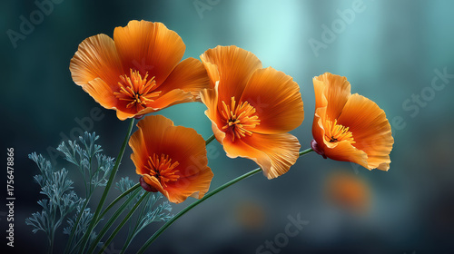California poppy flower close up with soft focus and dreamy blue background, vibrant orange petals glowing with delicate texture