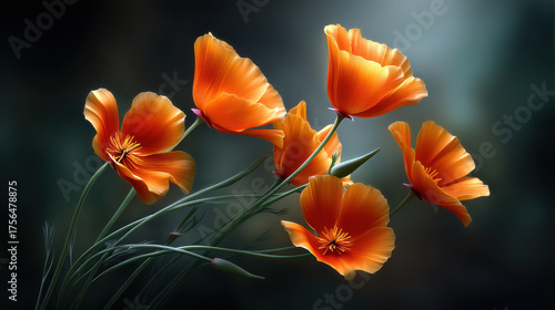 Orange poppy flower petals glowing softly with green stems on dark blurred background, evoking calm and natural beauty