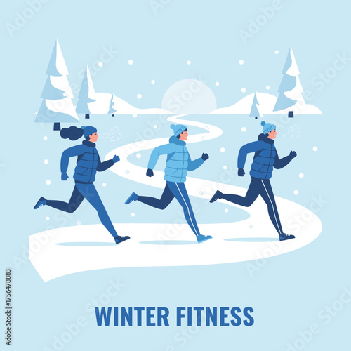 Group of runners exercising in winter clothing on snowy trail with cheerful expressions