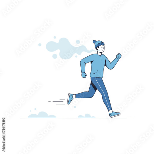 Man jogging in winter outfit on snowy path with playful expression and motion