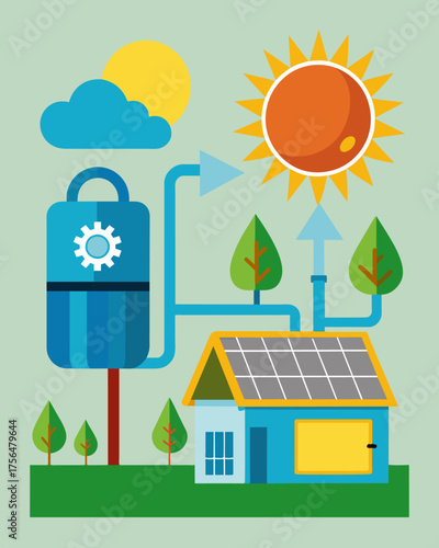 An ecofriendly alternative to traditional cooling systems using solar energy to reduce carbon emissions and lower electricity bills.. Vector illustration