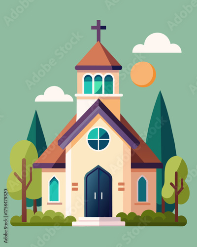 A quaint country church glowing with solar lights preserving the charm of its architecture while also being environmentally friendly.. Vector illustration