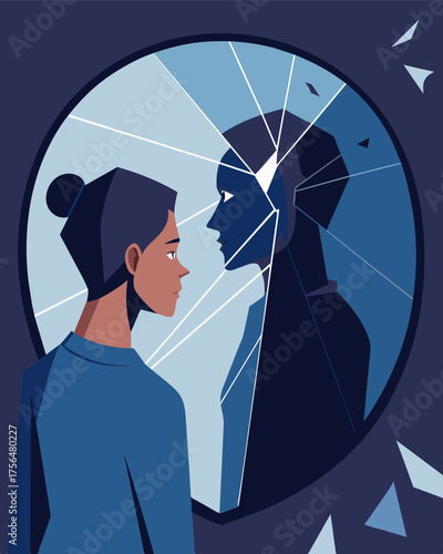 A person staring into a broken mirror their reflection appearing fragmented and distorted a reminder of the verbal and emotional manipulation they have endured.. Vector illustration