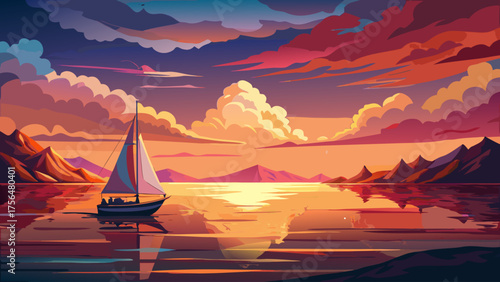 Very beautiful lone sailboat at sunset on a tranquil ocean, under a dramatic sky filled with glowing hues, symbolizing peace, solitude, and natural serenity over calm shimmering waters.