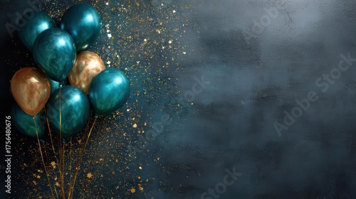 Festive teal and gold balloons scattered with shimmering gold confetti on a dark textured background