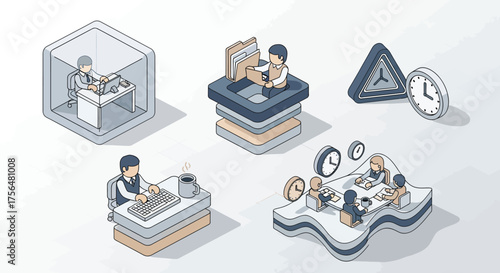 Isometric illustration of business people working in office, concept of social distancing and new normal lifestyle