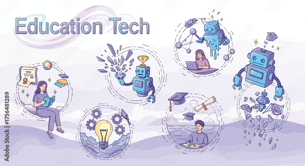 Naklejka premium Education technology concept with students, robots, and learning icons, representing the future of education and innovation