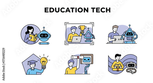 Illustration showcasing education technology, featuring students and robots engaged in learning, modern educational tools