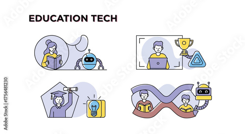 Illustration depicting education technology with students and robots learning together, the future of education is here