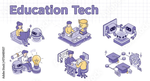 Isometric illustration showcasing education technology with robots assisting students in various learning scenarios