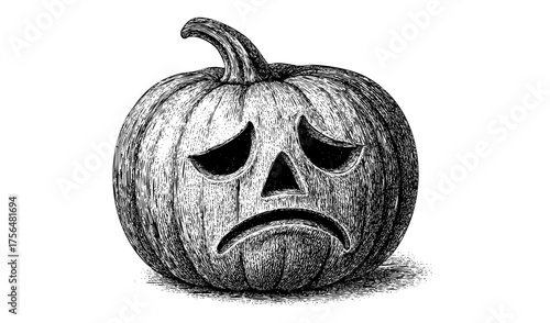 Melancholic Pumpkin Face – Sad Jack-O’-Lantern Vintage Etching Illustration, Black and White Vector on Transparent Background