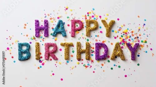 Happy Birthday glitter letters colorful confetti scattered festive celebration concept isolated on w