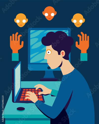A person staring blankly at a computer screen their fingers moving across the keyboard as they unconsciously carry out the commands of a mind control program.. Vector illustration
