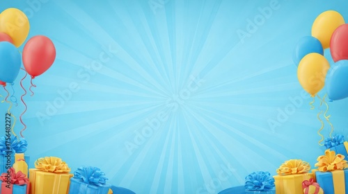 Bright and festive blue background with colorful balloons and gift boxes for a celebratory event