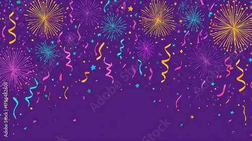 Vibrant celebration background with falling confetti streamers and colorful fireworks against a deep purple sky