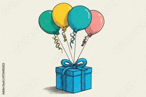 Brightly colored balloons lifting a blue gift box tied with a blue ribbon and bow for celebration