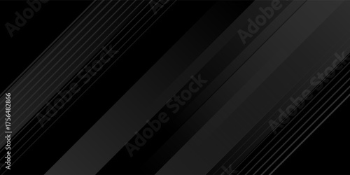 Black abstract background design. Modern wavy line pattern (guilloche curves) in monochrome colors. Premium stripe texture for banner, business backdrop. Dark horizontal vector template