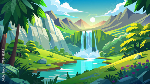 Very beautiful crystal-clear water cascading down a lush green hillside, sunlight dappling the surface, creating a sparkling natural spring surrounded by vibrant foliage and refreshing wilderness ener