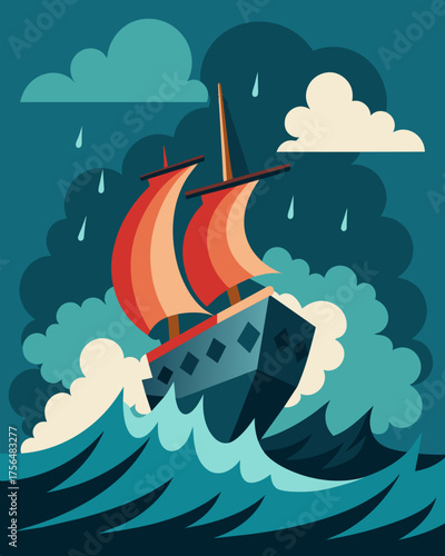A ship navigating through stormy seas representing the internal struggle of conflicting beliefs and thoughts.. Vector illustration