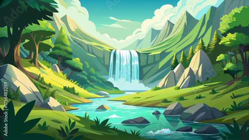 Very beautiful crystal-clear water cascading down a lush green hillside, sunlight dappling the surface, creating a sparkling natural spring surrounded by vibrant foliage and refreshing wilderness ener