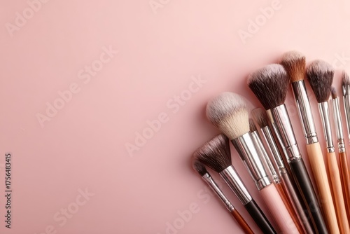Collection of makeup brushes professional cosmetic tools for beauty and glamour arranged on a pink b