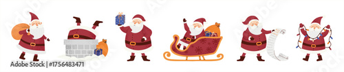 Santa Claus Christmas set with cute characters. Santa holding gift, riding sleigh, climbing chimney, reading list and decorating garland. Flat vector illustration isolated on white background.