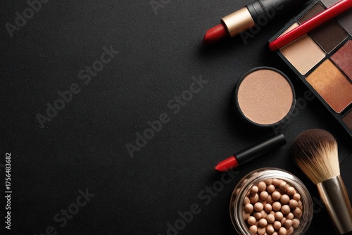 Elegant arrangement of makeup products including lipstick eyeshadow palette powder and brushes on a dark background