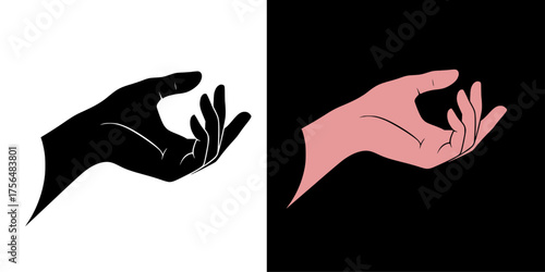 Stylized open hand vector icon collection, black silhouette and colored graphic for logos and symbols of support, charity, and care