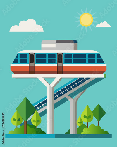 An elevated train system with solar panels installed on its tracks utilizing solar energy to power its transportation services and reducing its reliance on traditional energy. Vector illustration