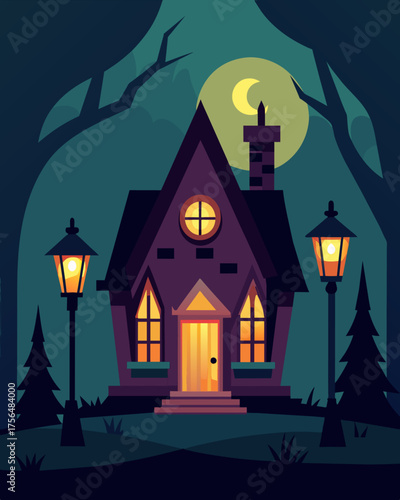 A quaint cottage the gaslights casting a hypnotic glow on the walls and furniture causing the occupant to question their own reality.. Vector illustration