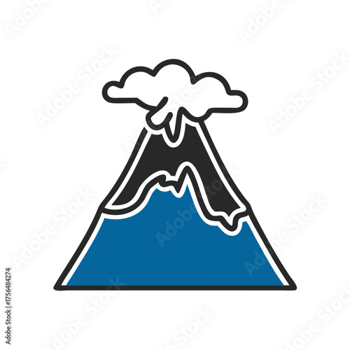 Volcano erupting with smoke and blue lava in flat design  