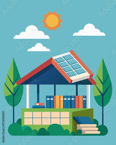 A public library with a solar paneltopped rooftop terrace providing a quiet and sustainable outdoor reading space.. Vector illustration