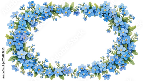 Blue floral frame with delicate forget-me-not flowers and leaves  