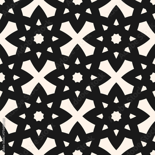 Monochrome vector seamless pattern with asian floral star shapes, oriental geometric grid and ethnic lattice. Black and white texture background design. Repeating ornament for fabric, print, wallpaper