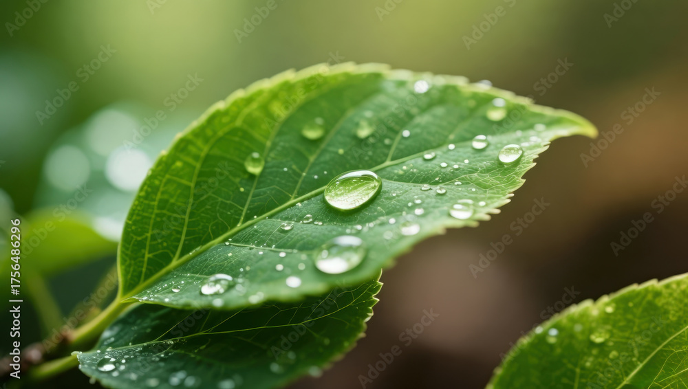 Fototapeta premium Macro photography of dew drops on a fresh green leaf with natural bokeh effect background.
