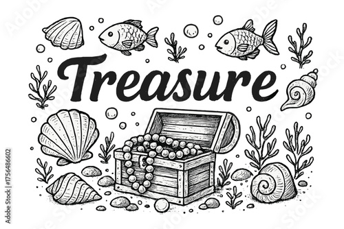 Ocean Treasure. Hand-drawn ocean treasure with pearls, shells, and fish, center word “Treasure” in black and white isolated
