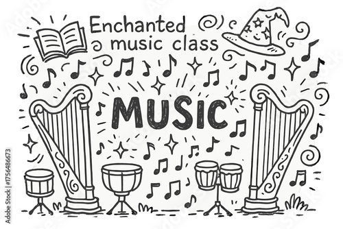 Enchanted Music Doodle. Doodle enchanted music class with harps, drums, and glowing notes, center word “Music” in black and white