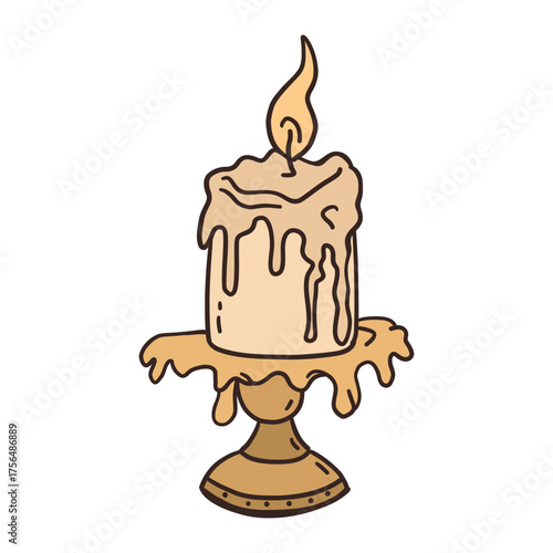 Elegant candle in a vintage candlestick with dripping wax. Hand-drawn doodle illustration in cartoon style, cozy and festive, perfect for Christmas and winter designs.
