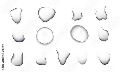 Realistic transparent water drops on transparent background liquid water-drop top view glass plate sprinkle, spritz effect, wet spray droplet, dripped, bubble splash on leaf surface