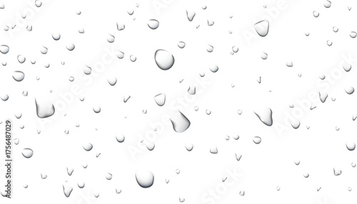 Realistic transparent water drops on transparent background liquid water-drop top view glass plate sprinkle, spritz effect, wet spray droplet, dripped, bubble splash on leaf surface, window