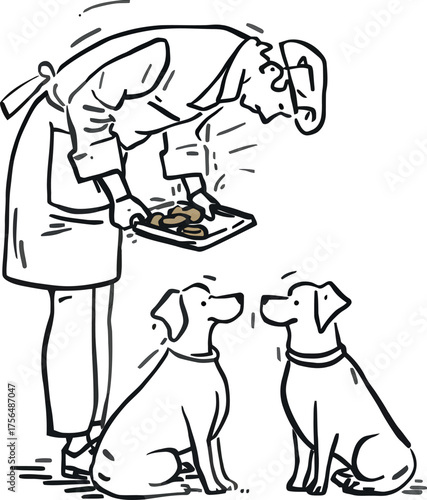 Chef lovingly prepares homemade treats for eager dogs,  a heart-warming scene of pet care and affection,  perfect for illustrating pet food brands, Adobe Illustrator Artwork