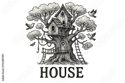 Mystical Treehouse Scene. Hand-drawn mystical treehouse with ropes, ladders, and birds, center word “House” in black and white