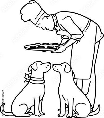 Chef bakes treats with hopeful dogs in a charming line art illustration,  perfect for pet lovers and food related projects,  heart-warming and playful design